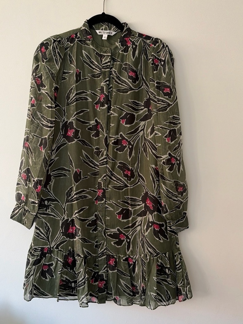 Walter Baker Olive Floral Long-Sleeve Ruffle-Hem Dress